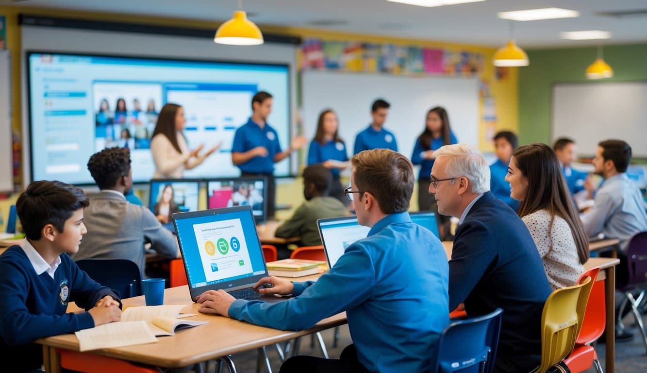 Una comunidad escolar vibrante utilizando la plataforma Q10: estudiantes participando en el aprendizaje en línea, maestros facilitando discusiones y padres manteniéndose conectados.