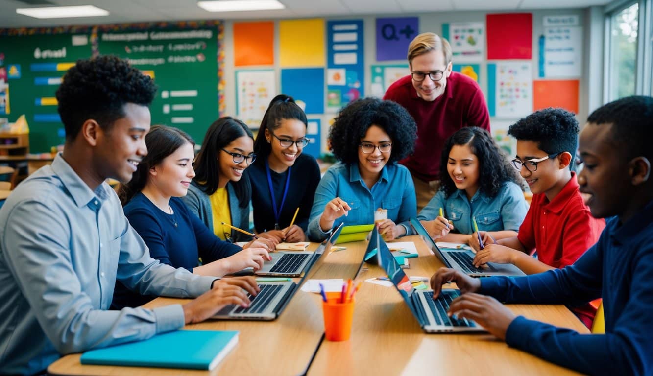 Un grupo de estudiantes y profesores diversos participan en actividades de aprendizaje interactivas en la plataforma educativa Q10, fomentando un sentido de comunidad y colaboración dentro de la escuela.