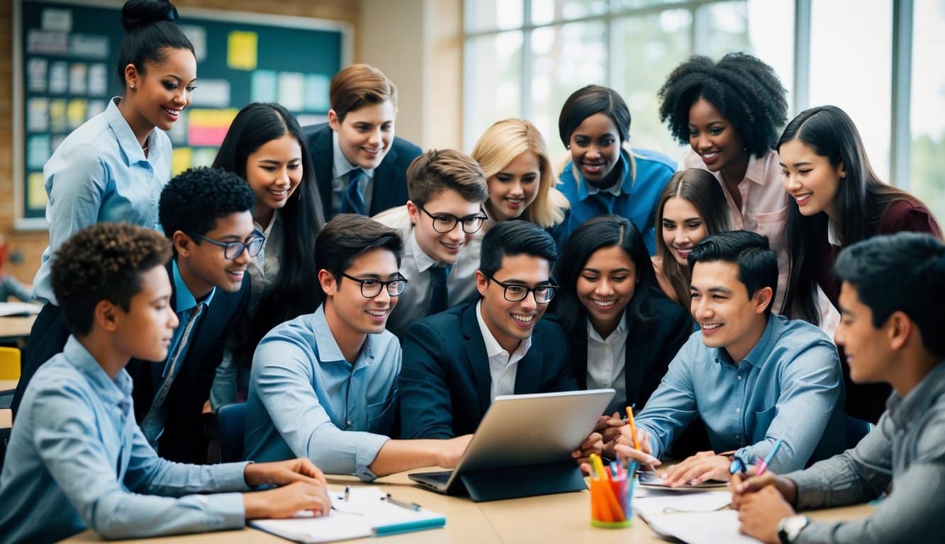 Un grupo diverso de estudiantes y profesores se reúne alrededor de un dispositivo digital, participando en actividades de aprendizaje colaborativo en la plataforma educativa Q10.