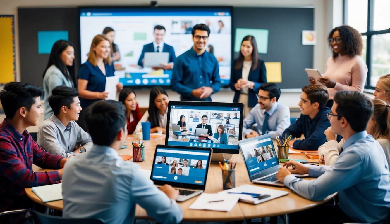 Los estudiantes y profesores se reúnen en un aula virtual en la plataforma Q10, participando en discusiones y actividades colaborativas, fomentando un sentido de comunidad dentro de la escuela.