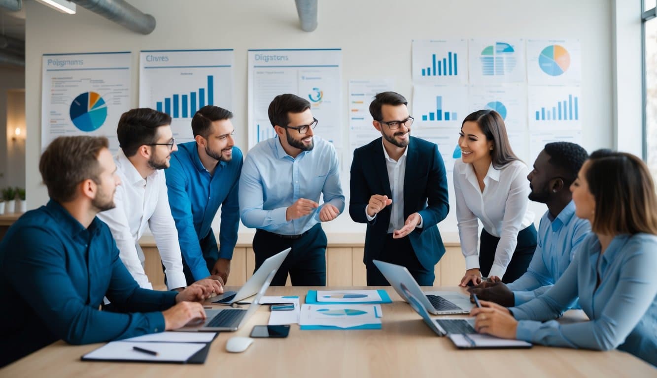 Un grupo de personas generando ideas y discutiendo alrededor de una mesa, con gráficos y diagramas en la pared.