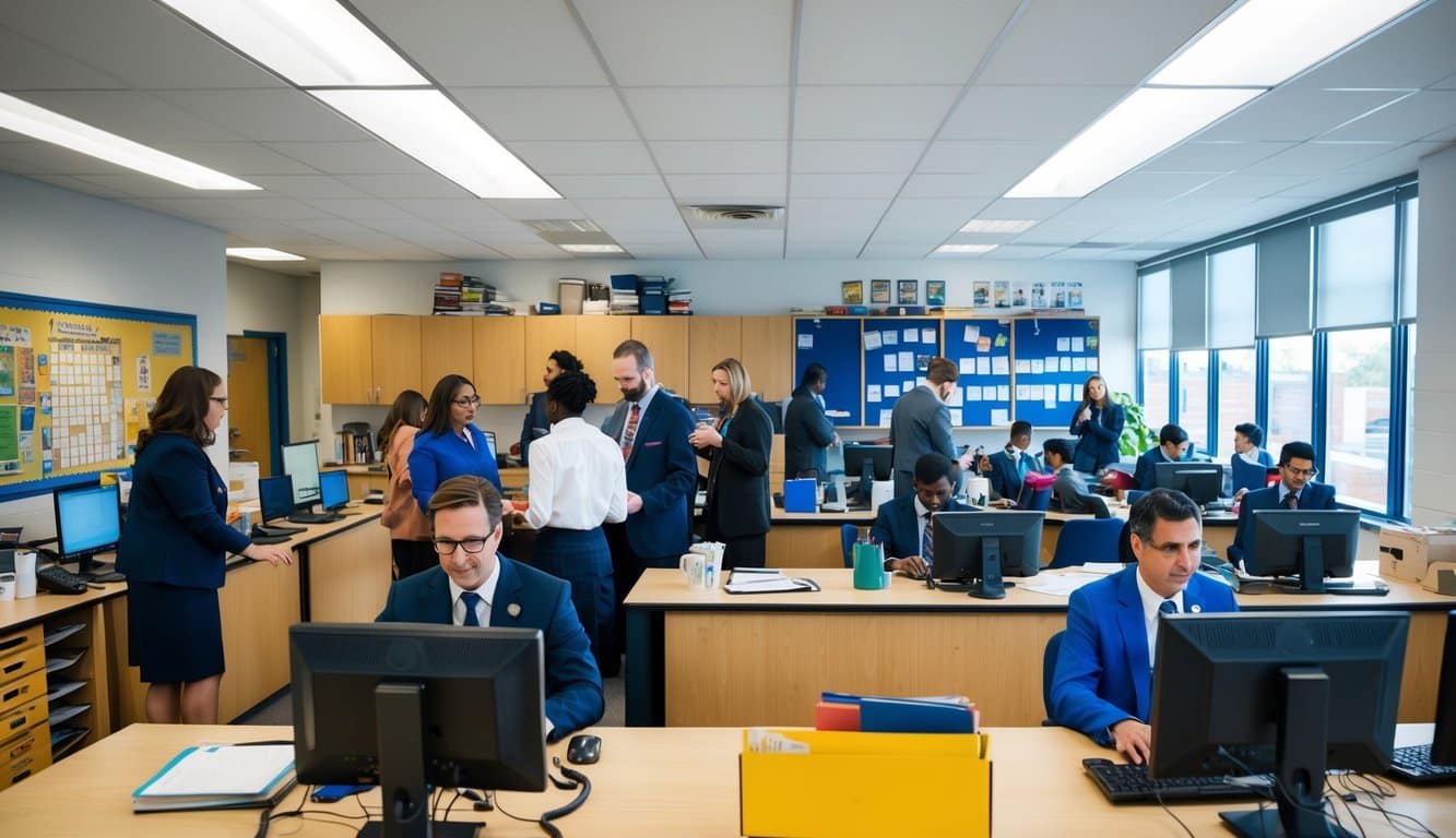 Una oficina escolar ocupada con personal asistiendo a padres y estudiantes, mientras otros trabajan en computadoras y responden teléfonos.