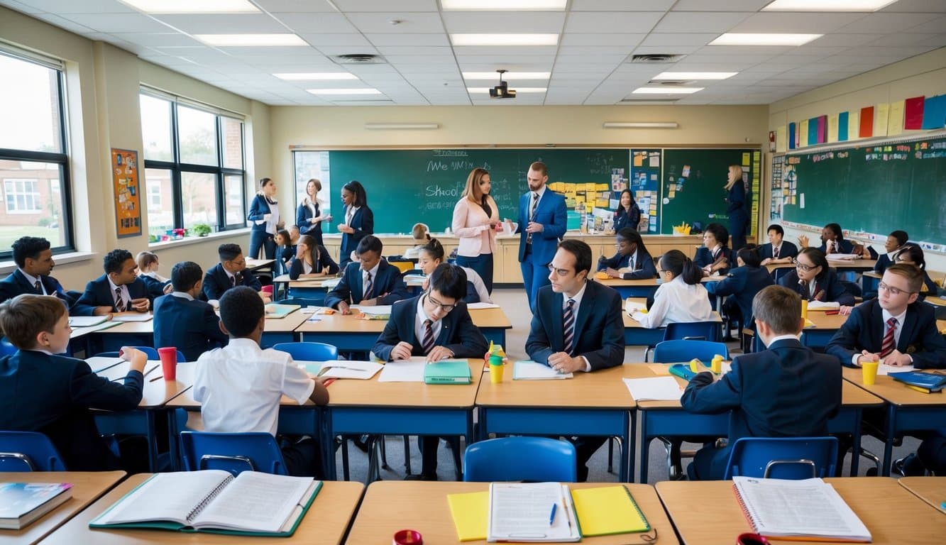 Un entorno escolar bullicioso con estudiantes involucrados en diversas actividades, maestros colaborando y resolviendo problemas, y administradores supervisando la gestión escolar de manera eficiente y en mejora continua.