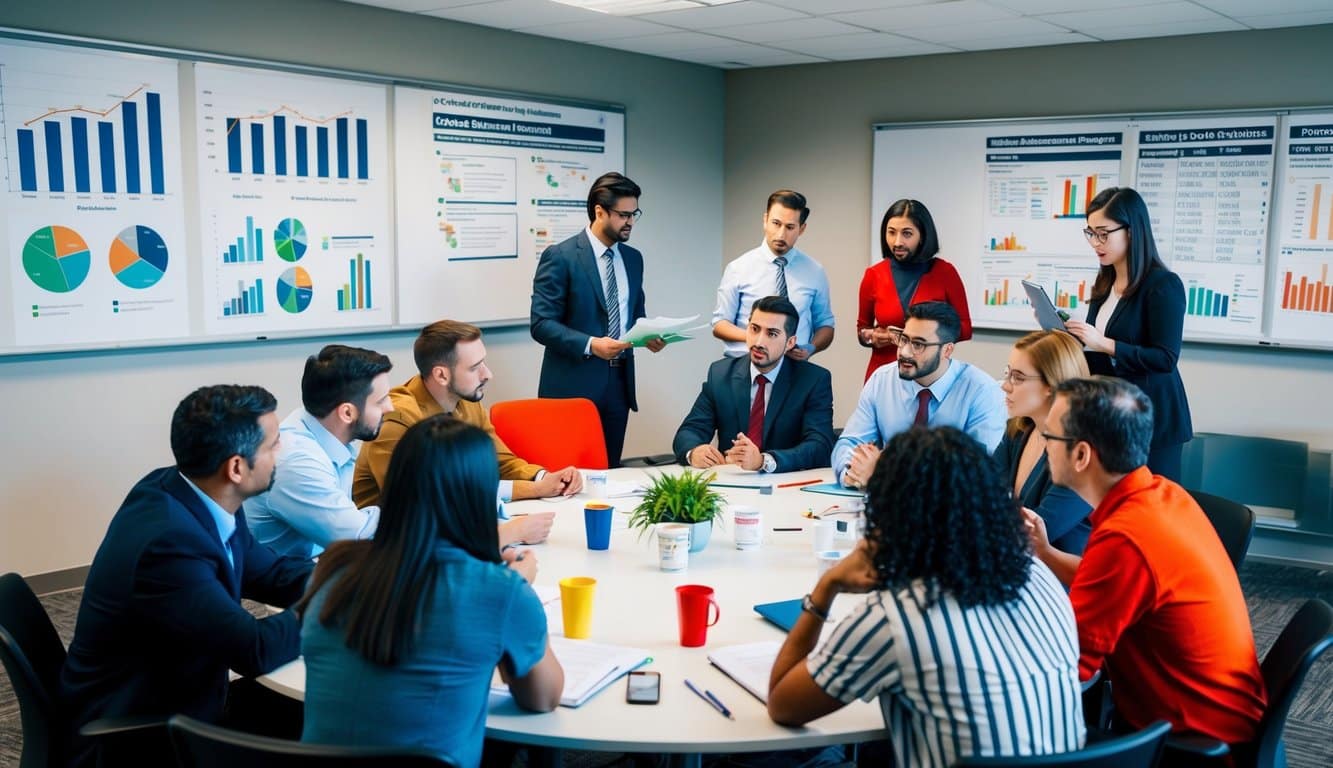 Un grupo de personas se reunió alrededor de una mesa, discutiendo y generando ideas para políticas y estrategias de gestión escolar. Gráficas y diagramas están exhibidos en las paredes, mostrando datos y soluciones potenciales.