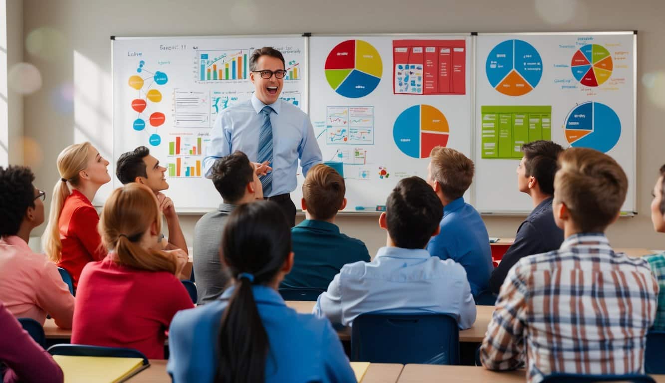 Un grupo de estudiantes escuchando con entusiasmo a su maestro, que está de pie frente a una pizarra llena de diagramas y gráficos coloridos.