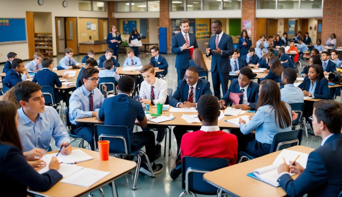 Un bullicioso campus escolar con estudiantes involucrados en diversas actividades, maestros liderando discusiones y administradores abordando desafíos.