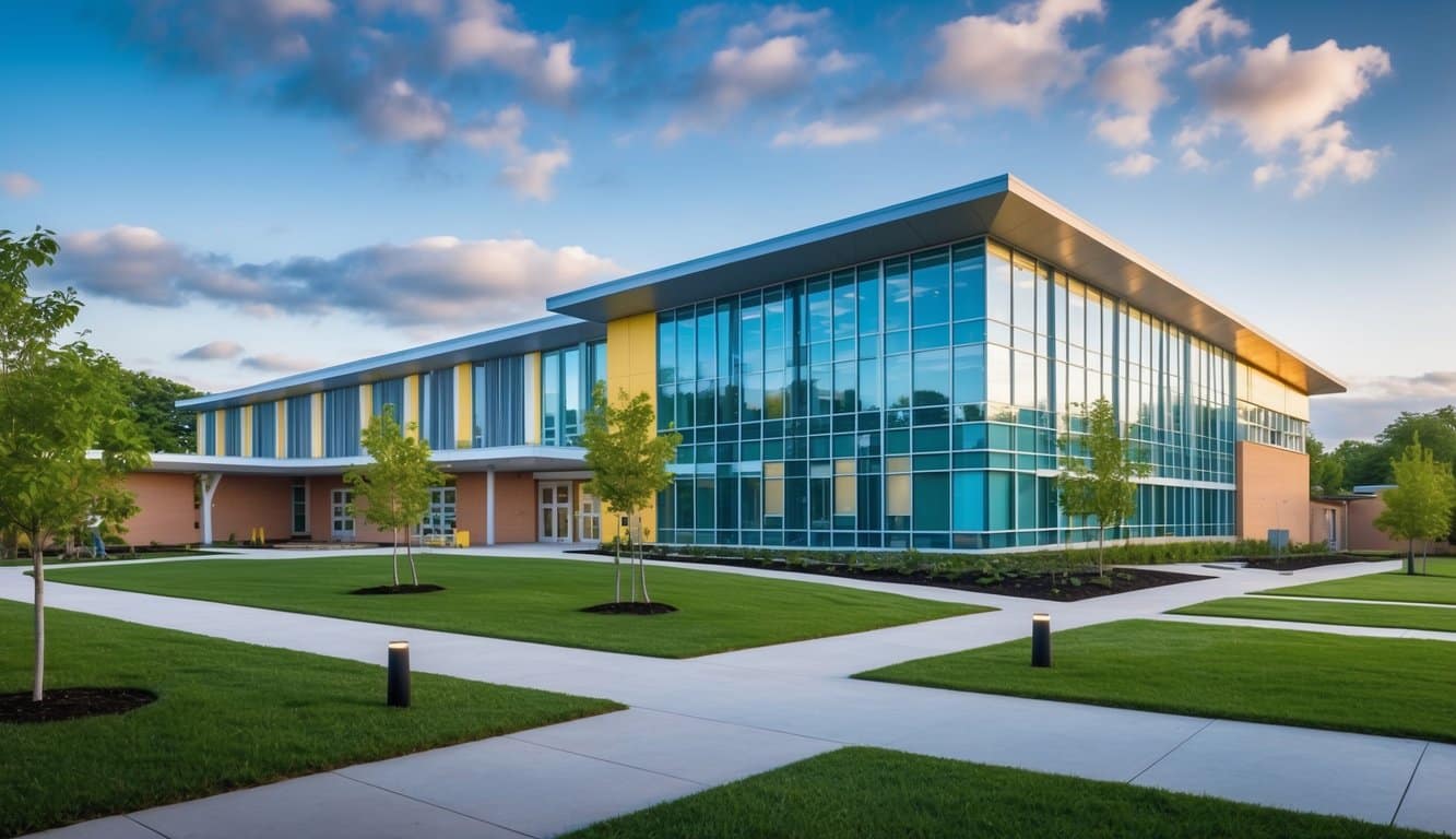 Un edificio escolar moderno con un diseño dinámico e innovador, rodeado de vegetación e incorporando tecnología en su infraestructura.