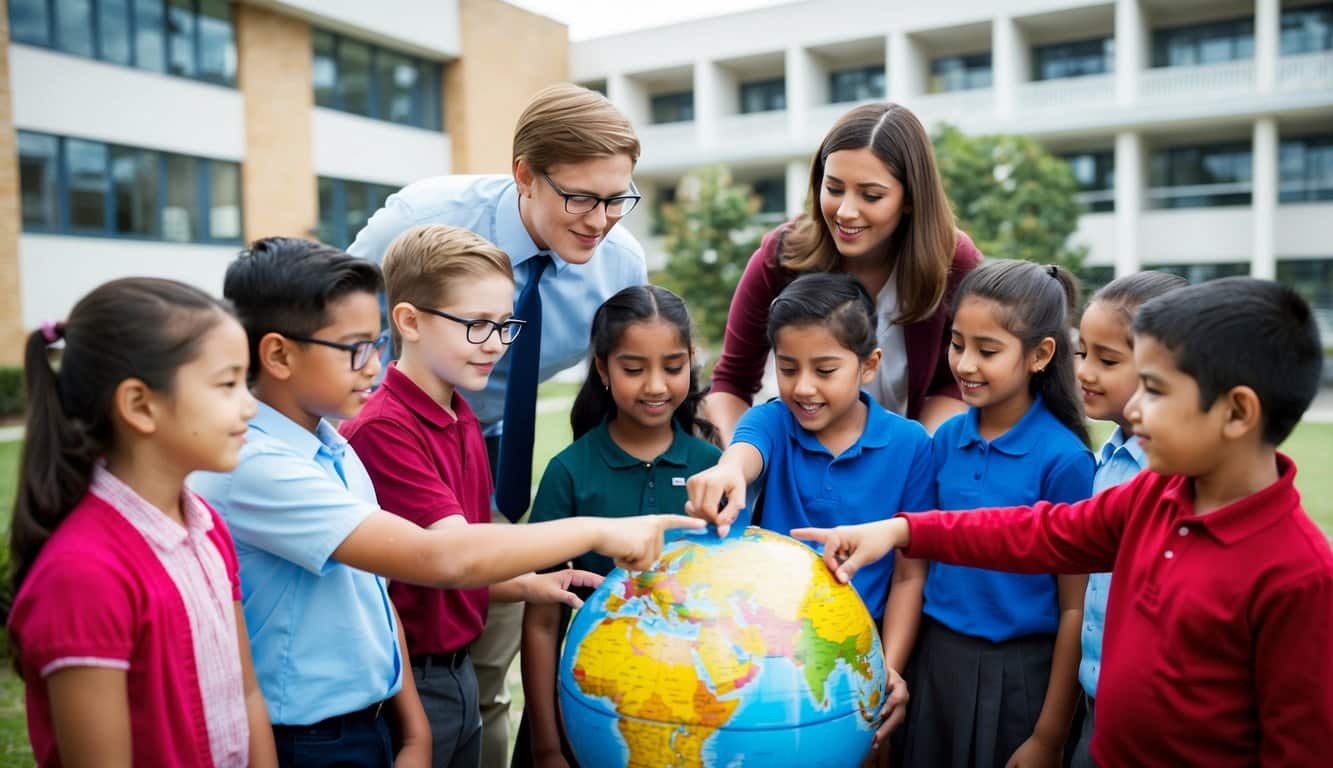 Un grupo de niños y maestros se reúne alrededor de un globo, señalando diferentes países y discutiendo su importancia. El edificio de la escuela se alza alto en el fondo, simbolizando la educación y la conciencia global.