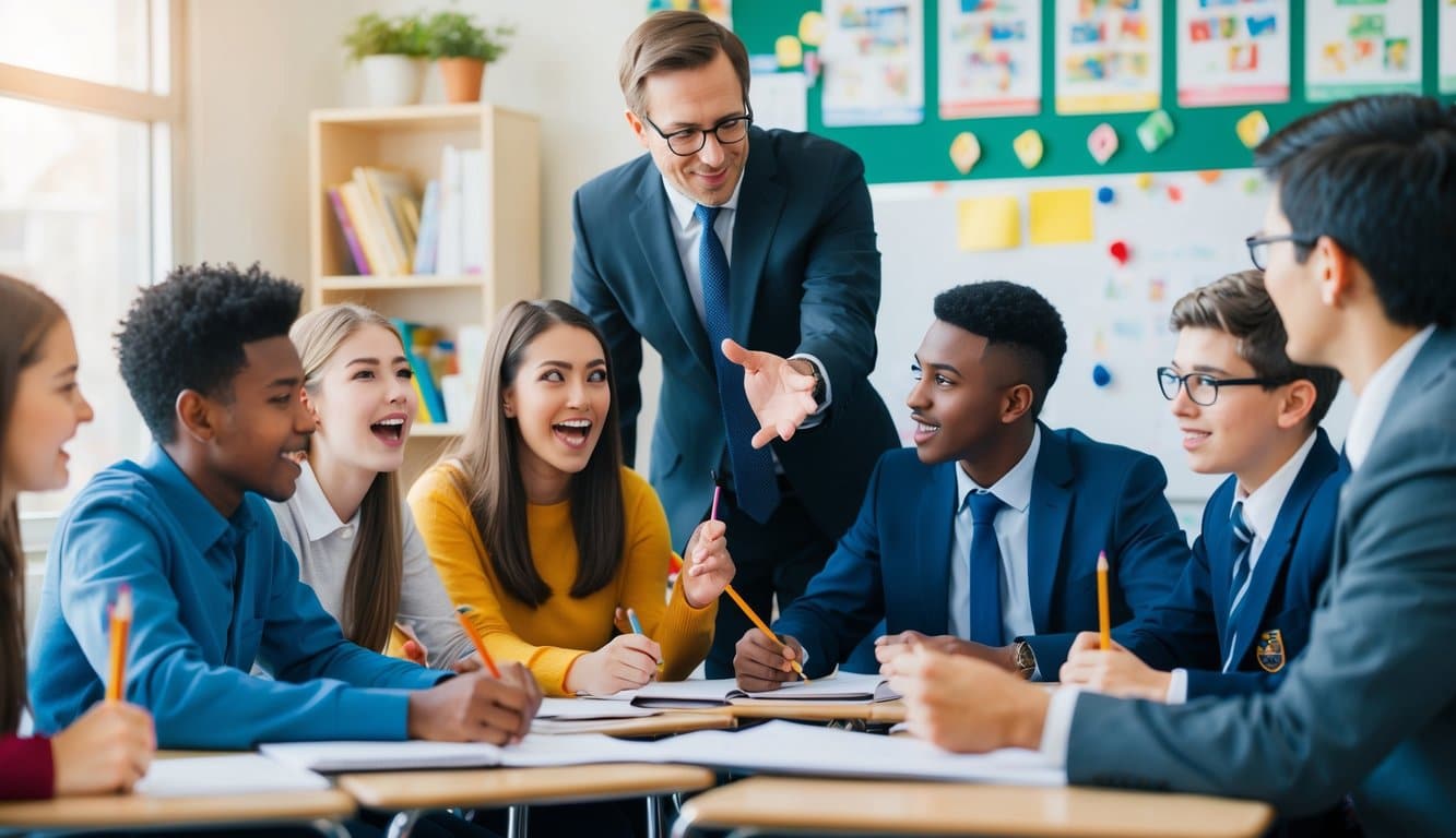 Un grupo de estudiantes participando con entusiasmo en actividades en el aula mientras un consultor brinda orientación a un administrador de una escuela privada.