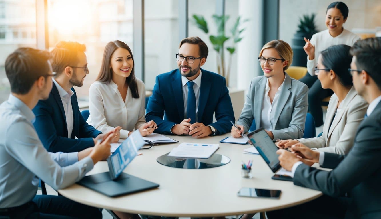 Un grupo de personas sentadas alrededor de una mesa, discutiendo y generando ideas para consultoría estratégica para escuelas privadas.