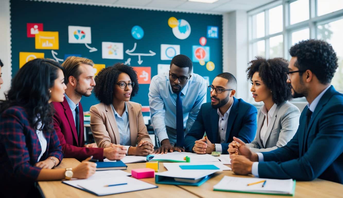 Un grupo de individuos diversos participa en discusiones estratégicas en un entorno escolar, rodeados de materiales educativos y símbolos de colaboración y comunicación.