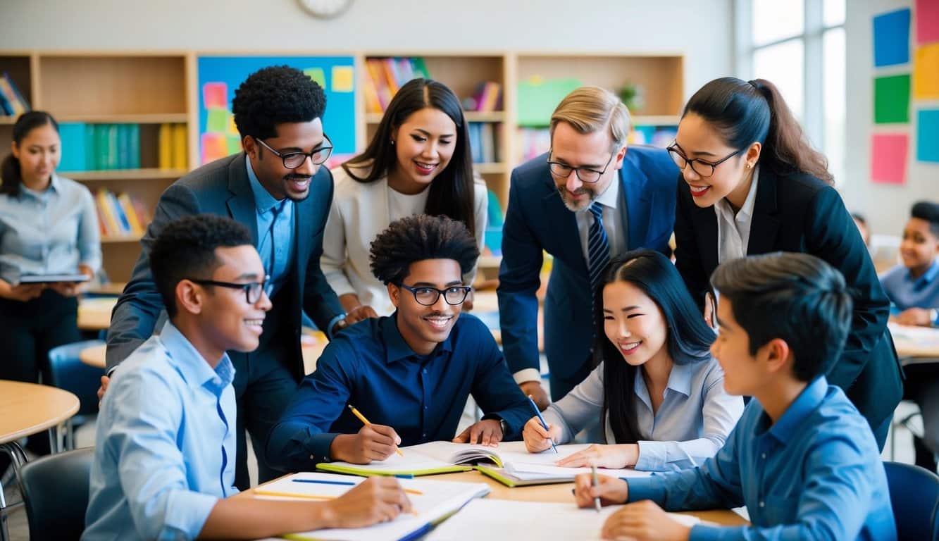 Un grupo de estudiantes diversos participó en actividades de aprendizaje interactivas, mientras que los maestros y administradores colaboran en la planificación estratégica y las iniciativas de mejora de calidad.