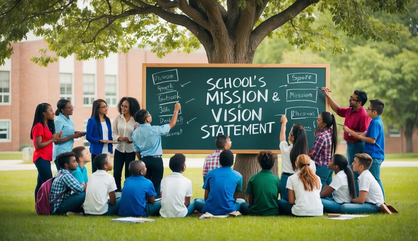 Un grupo de estudiantes y profesores diversos se reúne bajo un árbol, generando ideas y esbozando en una gran pizarra las declaraciones de misión y visión de la escuela.