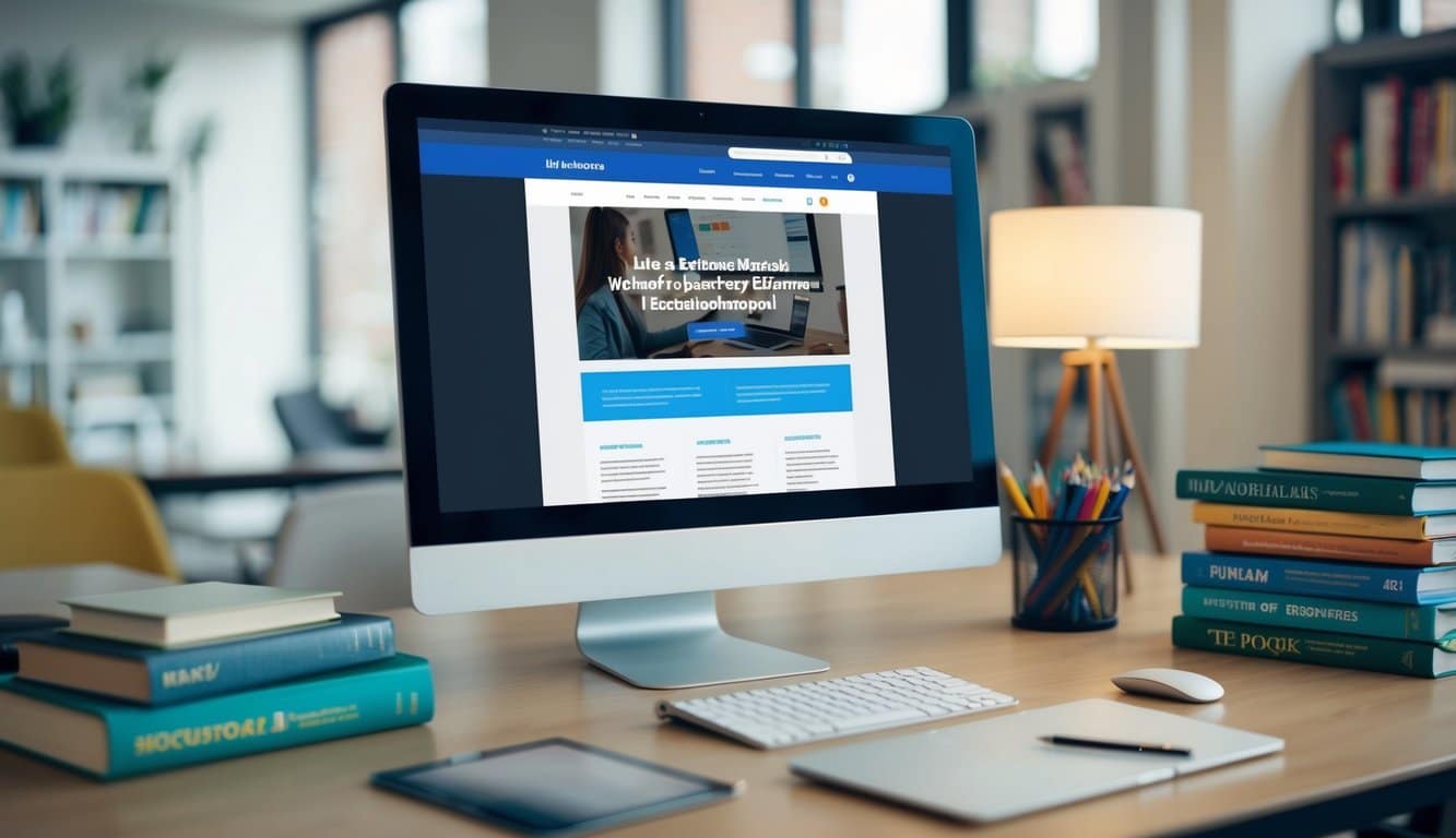 Una pantalla de computadora que muestra la página de inicio de un sitio web con contenido educativo, rodeada de herramientas de SEO y libros de texto.