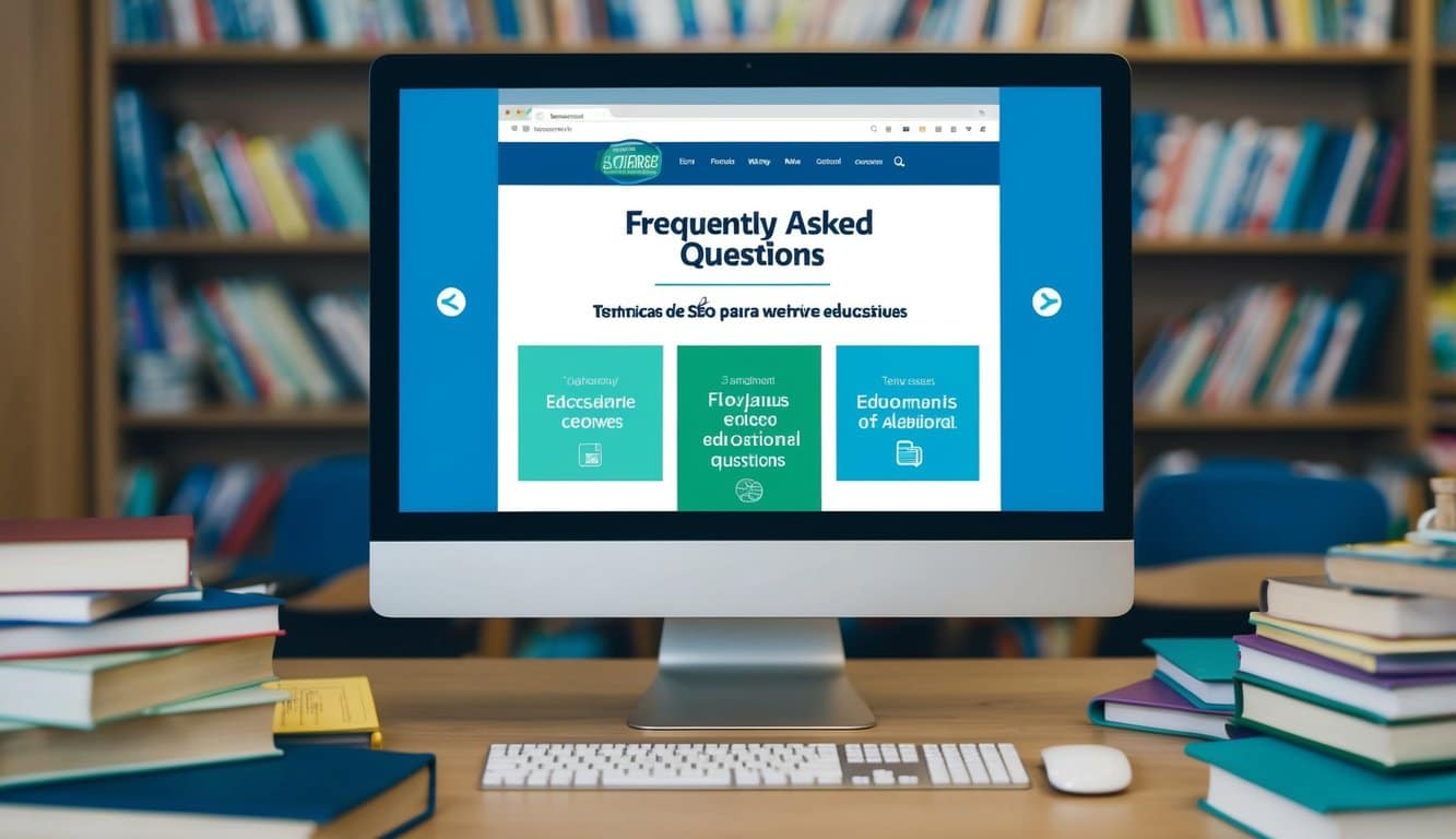 Una pantalla de computadora que muestra una página web titulada "Preguntas Frecuentes Técnicas de SEO para sitios web educativos," rodeada de libros y materiales educativos.