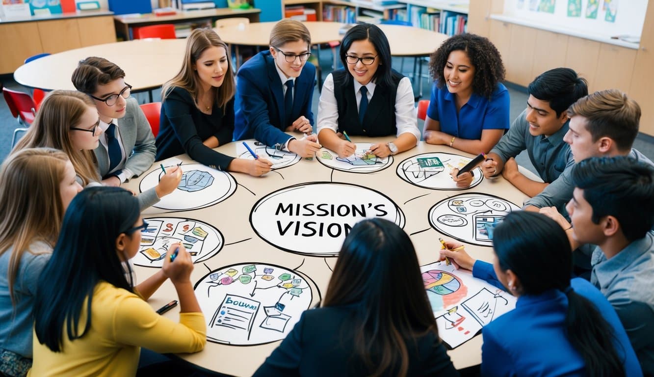 Un grupo de estudiantes y profesores se reúne en una sesión de lluvia de ideas, dibujando y discutiendo ideas para la misión y visión de la escuela.