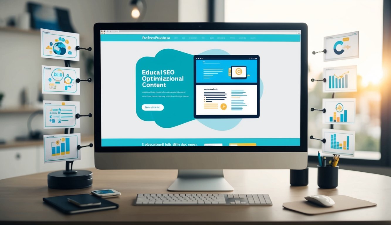 Una pantalla de computadora que muestra un sitio web con contenido educativo, rodeada de herramientas y técnicas de optimización SEO.