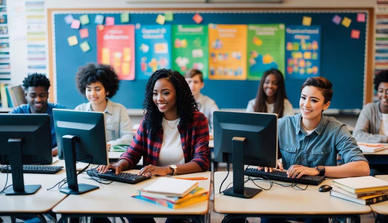 Un aula con estudiantes de diversos orígenes trabajando en computadoras, rodeados de carteles educativos y libros.