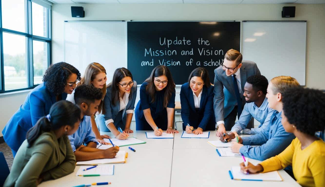 Un grupo de educadores se reúne alrededor de una mesa, generando ideas y escribiendo en una pizarra para actualizar la misión y visión de una escuela.