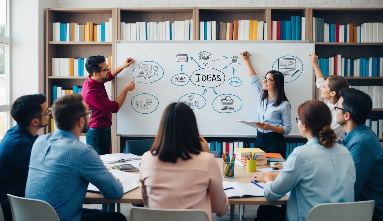 Un grupo de personas generando ideas y esbozando en una pizarra, rodeados de libros y materiales educativos