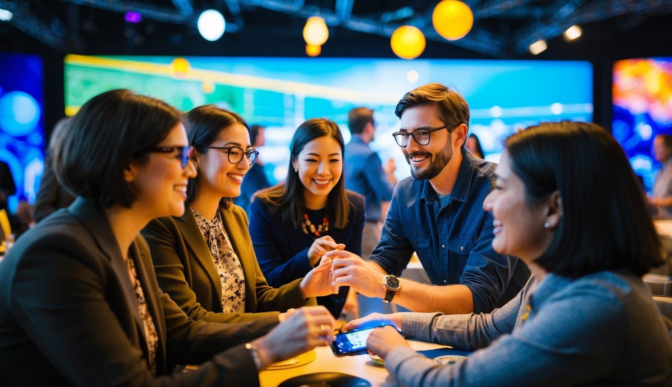 Un grupo de personas participando en una experiencia interactiva e inmersiva, rodeado de visuales vibrantes y atractivos.