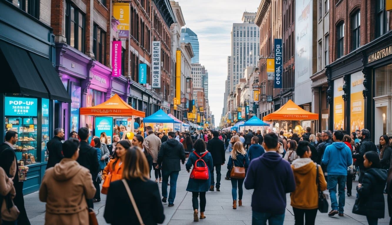 Una bulliciosa calle de la ciudad con escaparates vibrantes, exhibiciones interactivas y eventos emergentes atractivos, atrayendo a multitudes diversas.