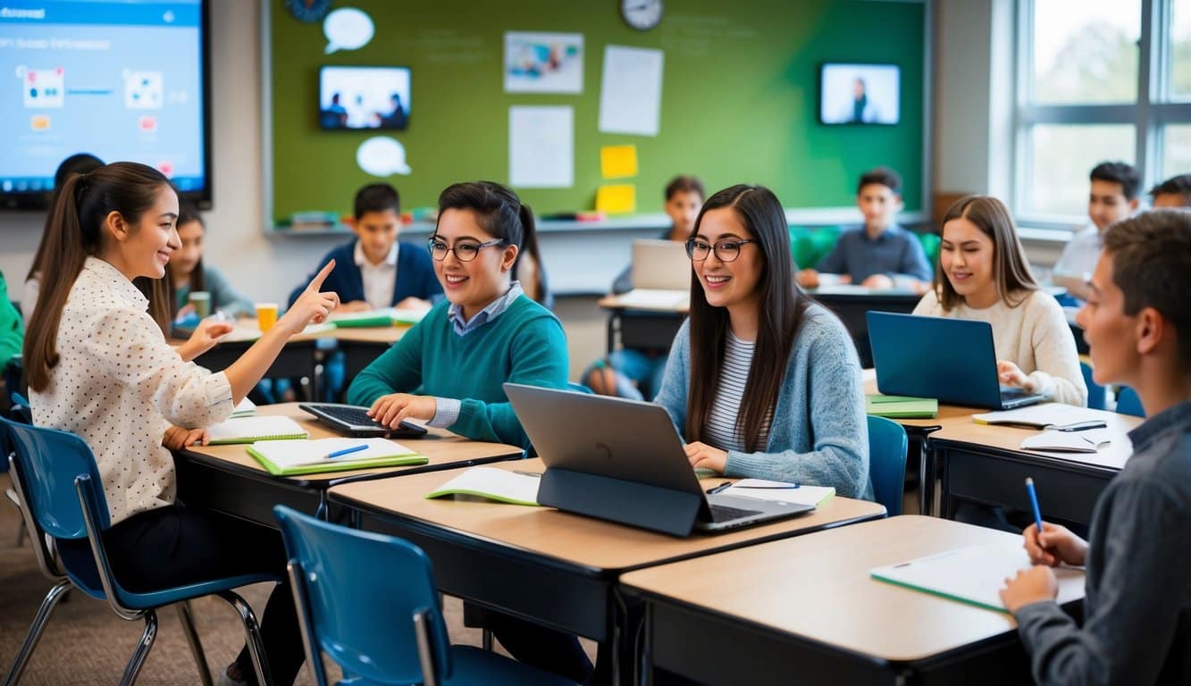 Un aula con estudiantes participando en actividades de aprendizaje interactivas mientras se integran dispositivos digitales y materiales de marketing en el proceso de enseñanza.