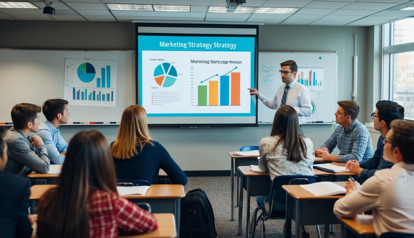 Un aula con un maestro y estudiantes participando en una presentación de estrategia de marketing, con gráficos y tablas mostrados en una pantalla