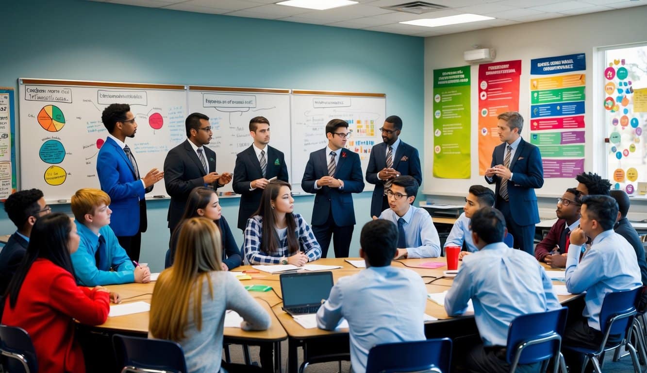 Un grupo de estudiantes y profesores se reúne en un aula, discutiendo y generando ideas para definir y desarrollar los valores escolares. Gráficos, diagramas y carteles coloridos adornan las paredes, mostrando diferentes conceptos y principios.