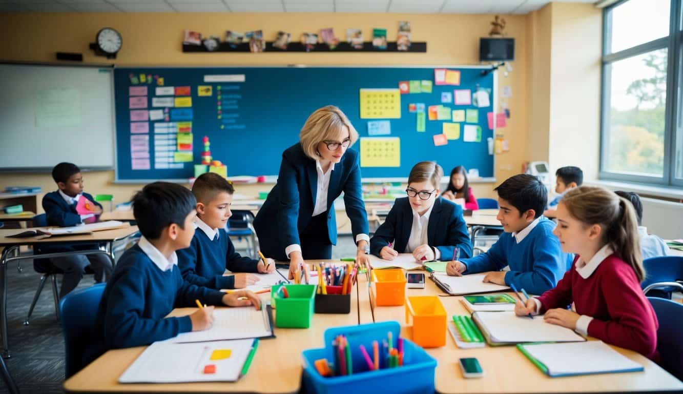 Un aula con un maestro y estudiantes involucrados en actividades de aprendizaje interactivas, rodeados de materiales educativos y tecnología.