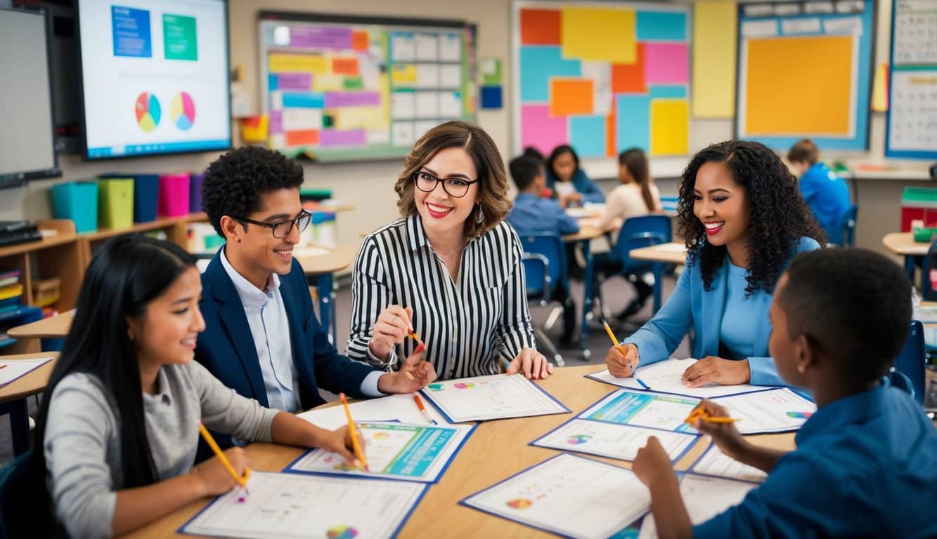 Un aula con un maestro y estudiantes participando en actividades de aprendizaje interactivas, con materiales de marketing y recursos educativos exhibidos de manera prominente.