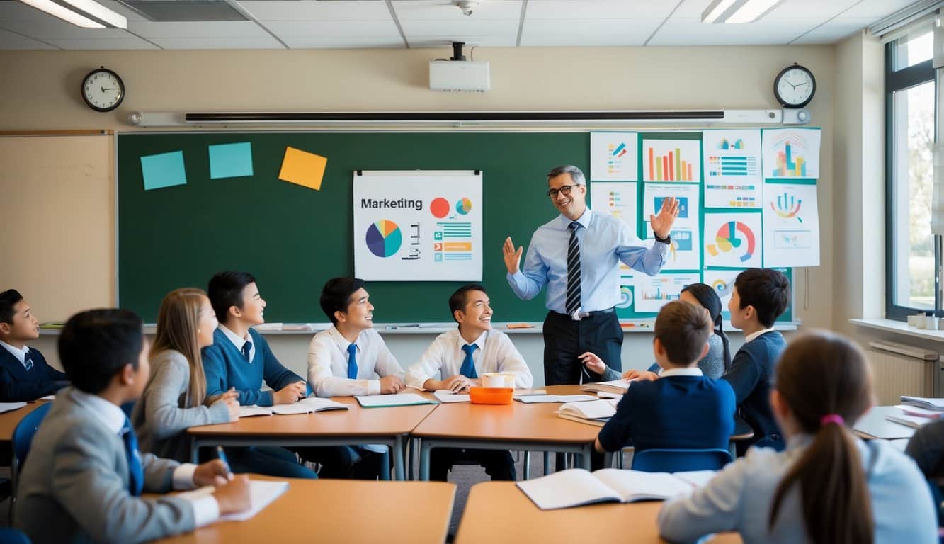 Un aula con un maestro y estudiantes participando en actividades de aprendizaje interactivas, mientras que los materiales y estrategias de marketing están visiblemente integrados en la lección.