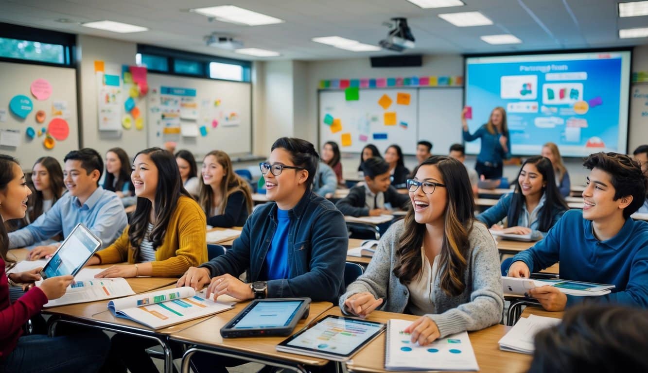 Un aula llena de estudiantes participando con entusiasmo en materiales de marketing interactivos y recursos educativos.