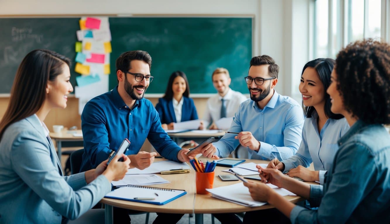 Un aula y un departamento de marketing trabajando juntos, intercambiando ideas y materiales