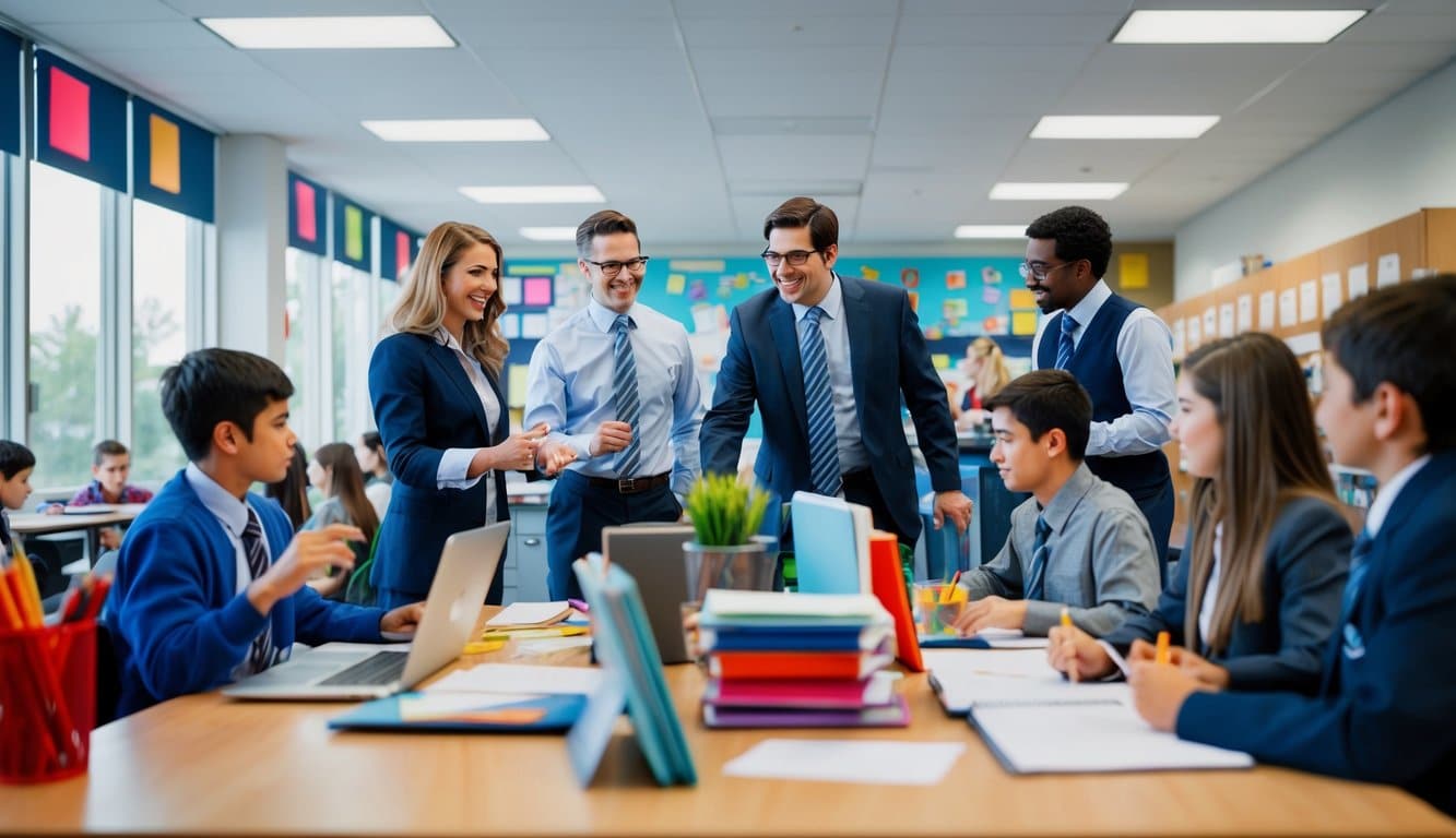 Una oficina escolar bulliciosa con administradores y maestros colaborando, mientras los estudiantes participan en diversas actividades en el fondo.