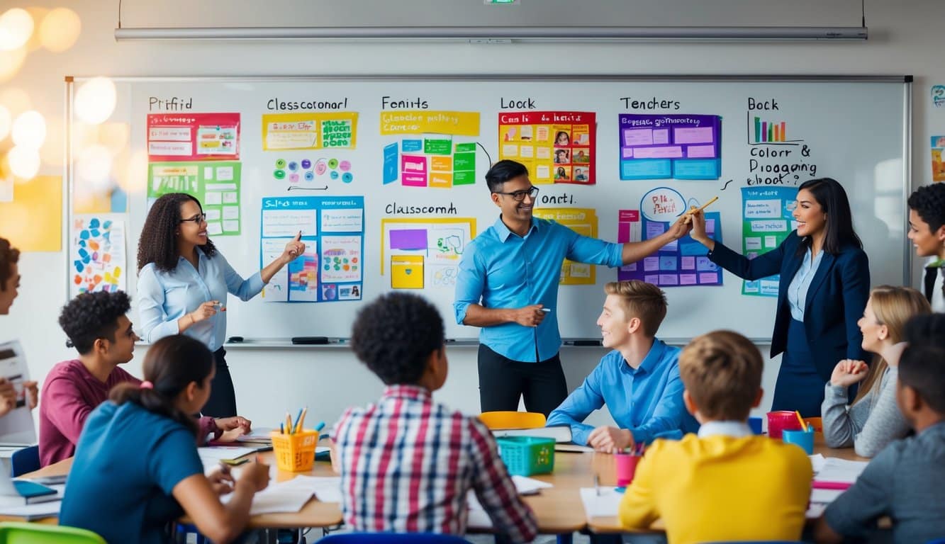 Una pizarra blanca en el aula llena de contenido educativo colorido y atractivo, rodeada de estudiantes y maestros entusiastas colaborando e interactuando con el material.