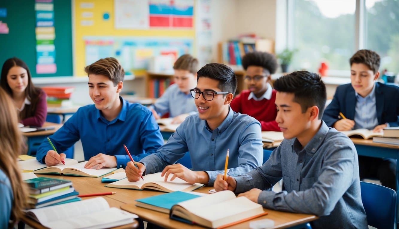 Un aula con estudiantes involucrados en diversas actividades educativas, rodeados de libros, tecnología y materiales educativos.