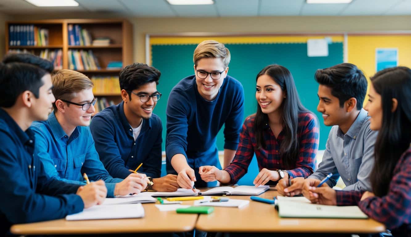 Un grupo de estudiantes creando y compartiendo colaborativamente contenido educativo en un entorno escolar