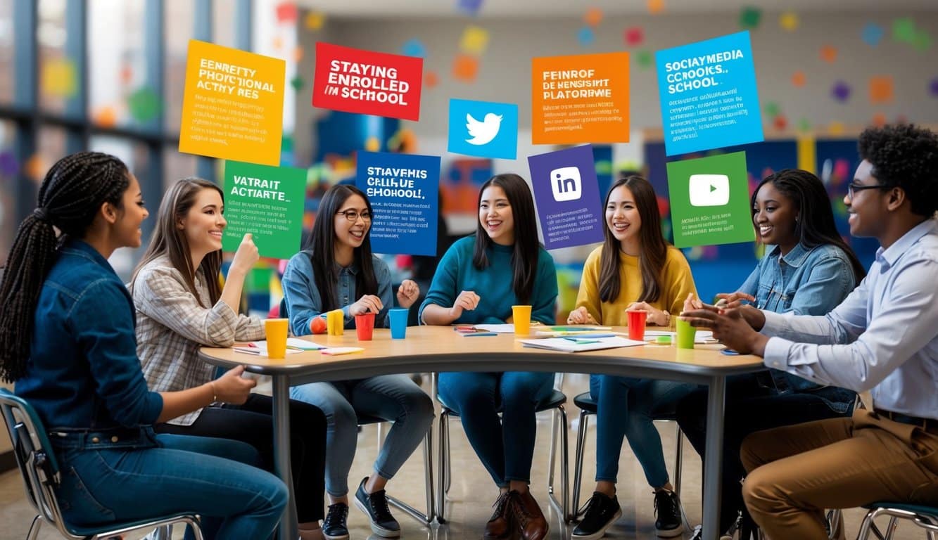 Un grupo de estudiantes diversos participa en actividades interactivas, mientras que materiales promocionales coloridos y plataformas de redes sociales destacan los beneficios de mantenerse matriculado en la escuela.