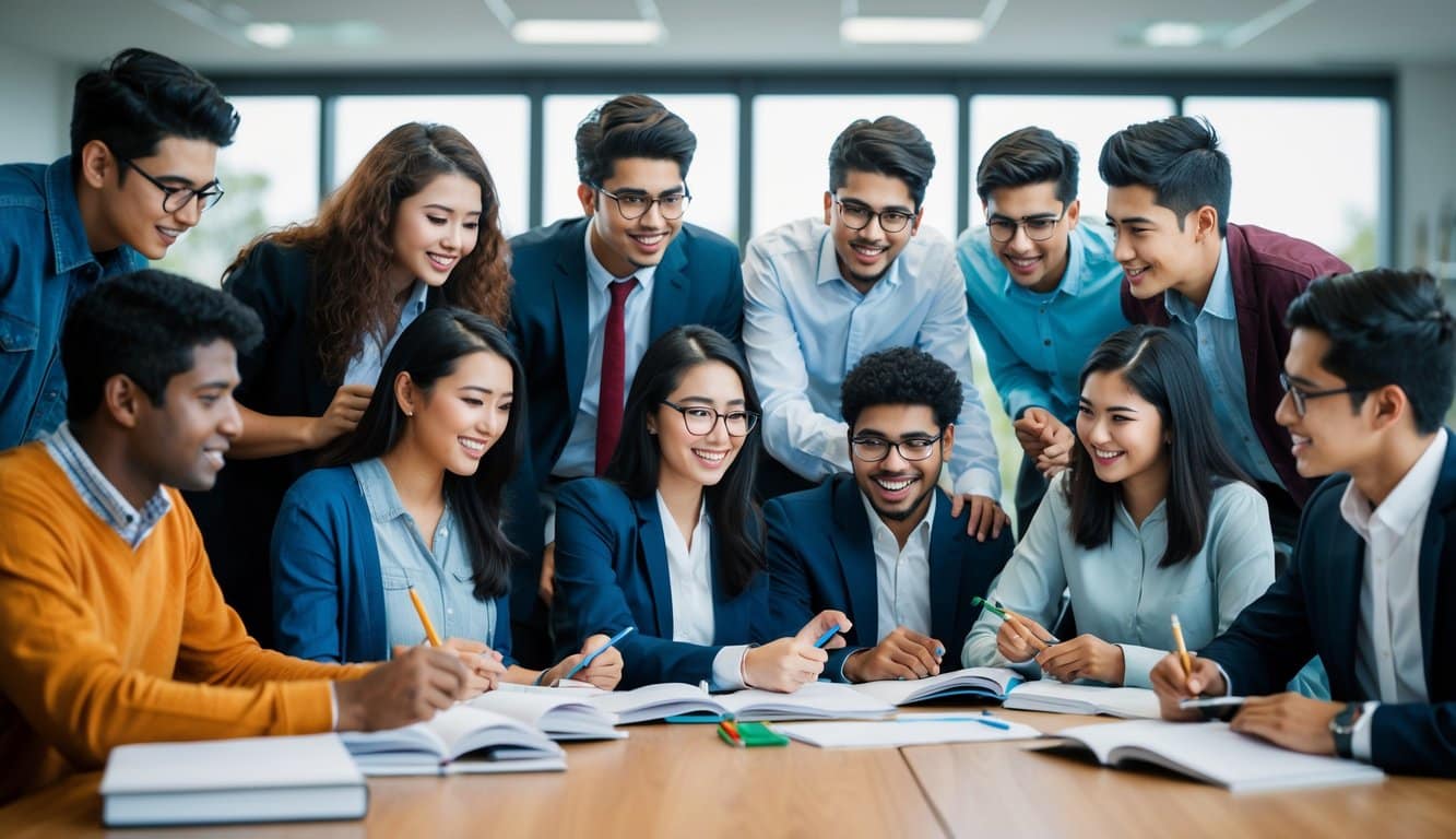 Un grupo de estudiantes participa en diversas actividades educativas, desde estudiar y discutir hasta colaborar en proyectos, enfatizando la importancia de construir una sólida comunidad educativa desde el prospecto hasta el graduado.