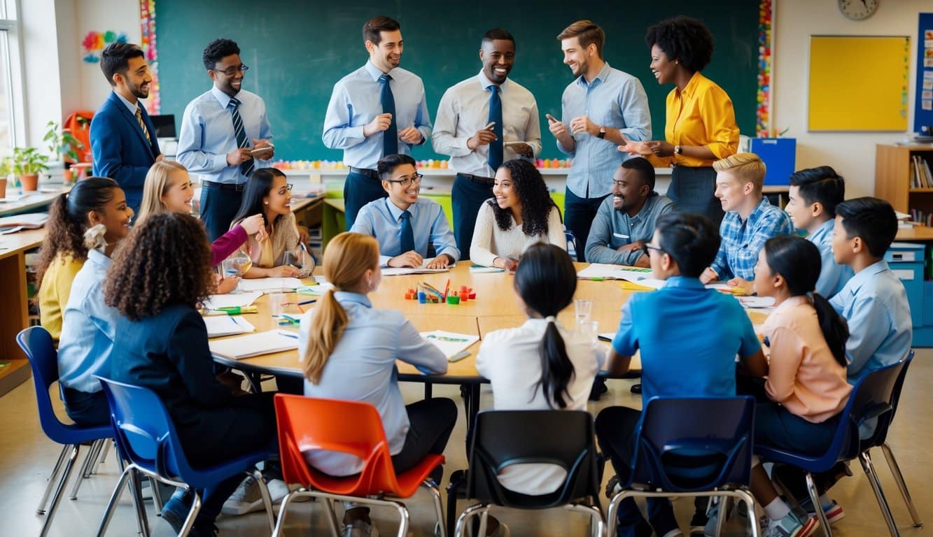 Un grupo diverso de estudiantes y maestros se reúne en un ambiente escolar vibrante, participando en un aprendizaje colaborativo y compartiendo conocimientos.