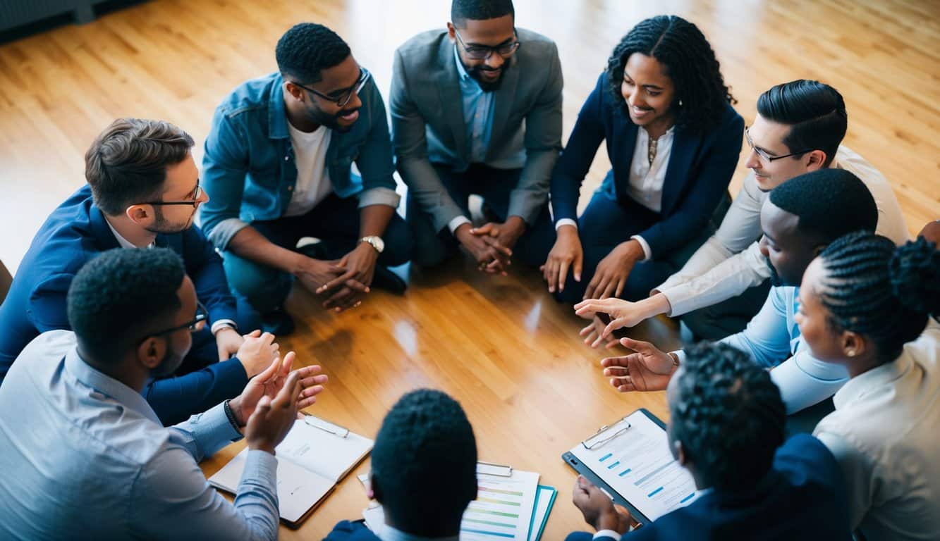 Un grupo de individuos diversos se reúne en un círculo, participando en discusión y colaboración. Un sentido de comunidad y aprendizaje es evidente en la escena.