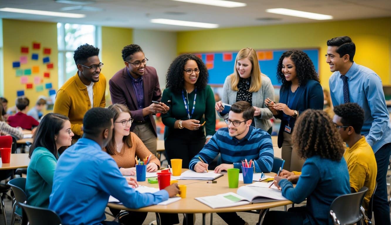 Un grupo diverso de estudiantes y educadores participan en el aprendizaje colaborativo y actividades dentro de una vibrante comunidad educativa.