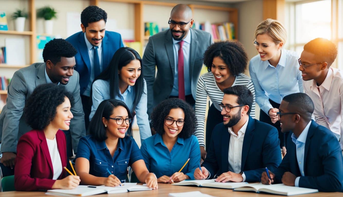 Un grupo diverso de personas, incluidos estudiantes, maestros y administradores, participando en el aprendizaje colaborativo y actividades dentro de un entorno escolar.