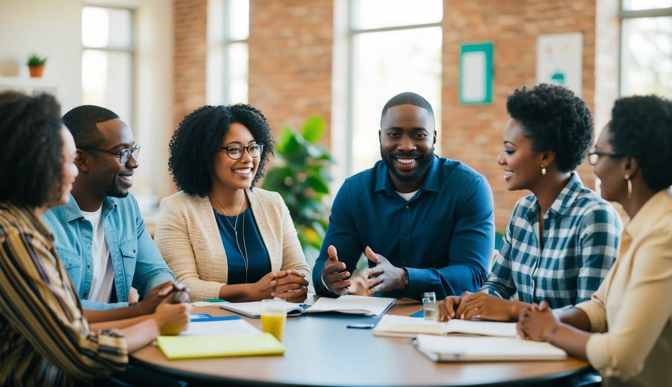 Un grupo de individuos diversos participa en una animada discusión, compartiendo ideas y colaborando para fortalecer el liderazgo educativo y la comunicación dentro de la comunidad.