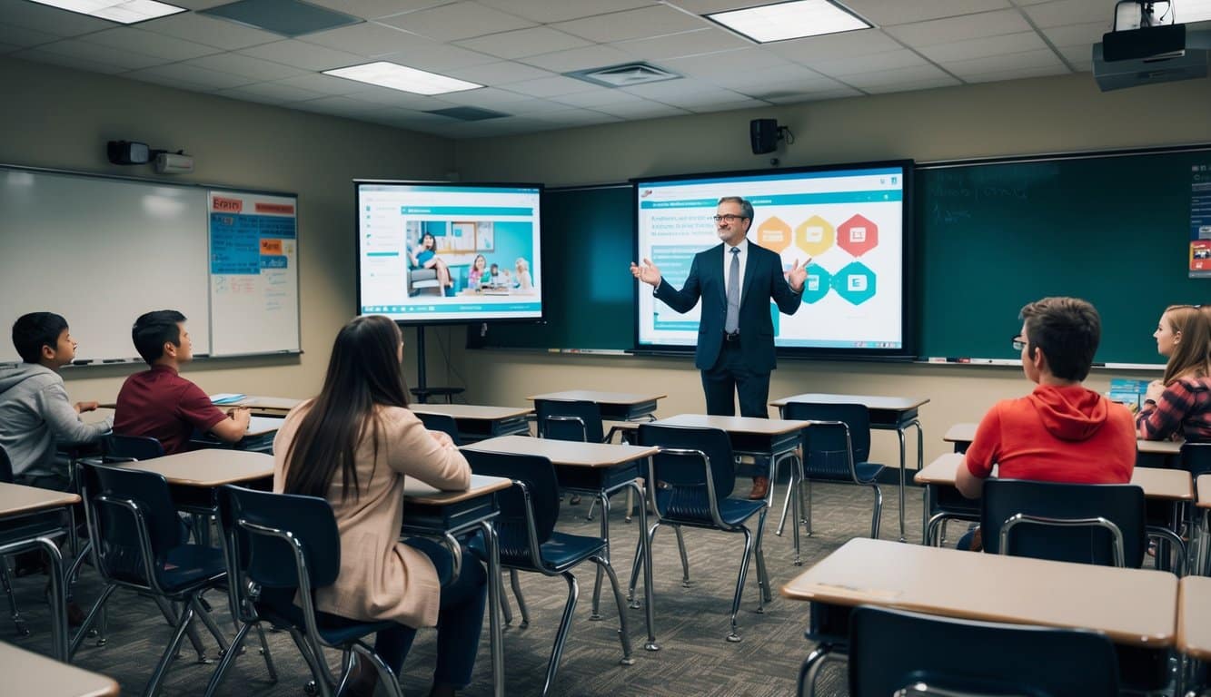 Un aula con asientos vacíos, un maestro presentando contenido atractivo en una pantalla digital y estudiantes interactuando con materiales educativos.