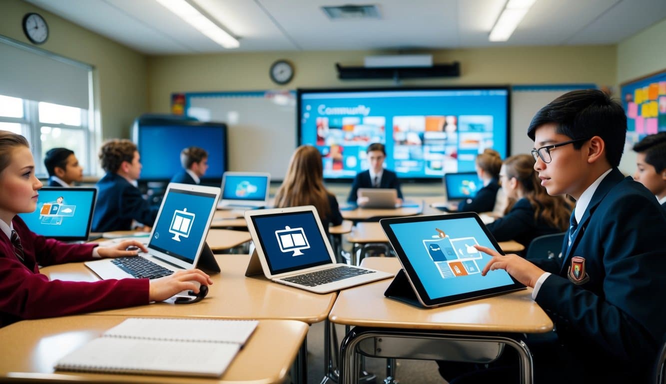 Un aula con estudiantes usando computadoras y tabletas para comunicarse con la comunidad con fines educativos.