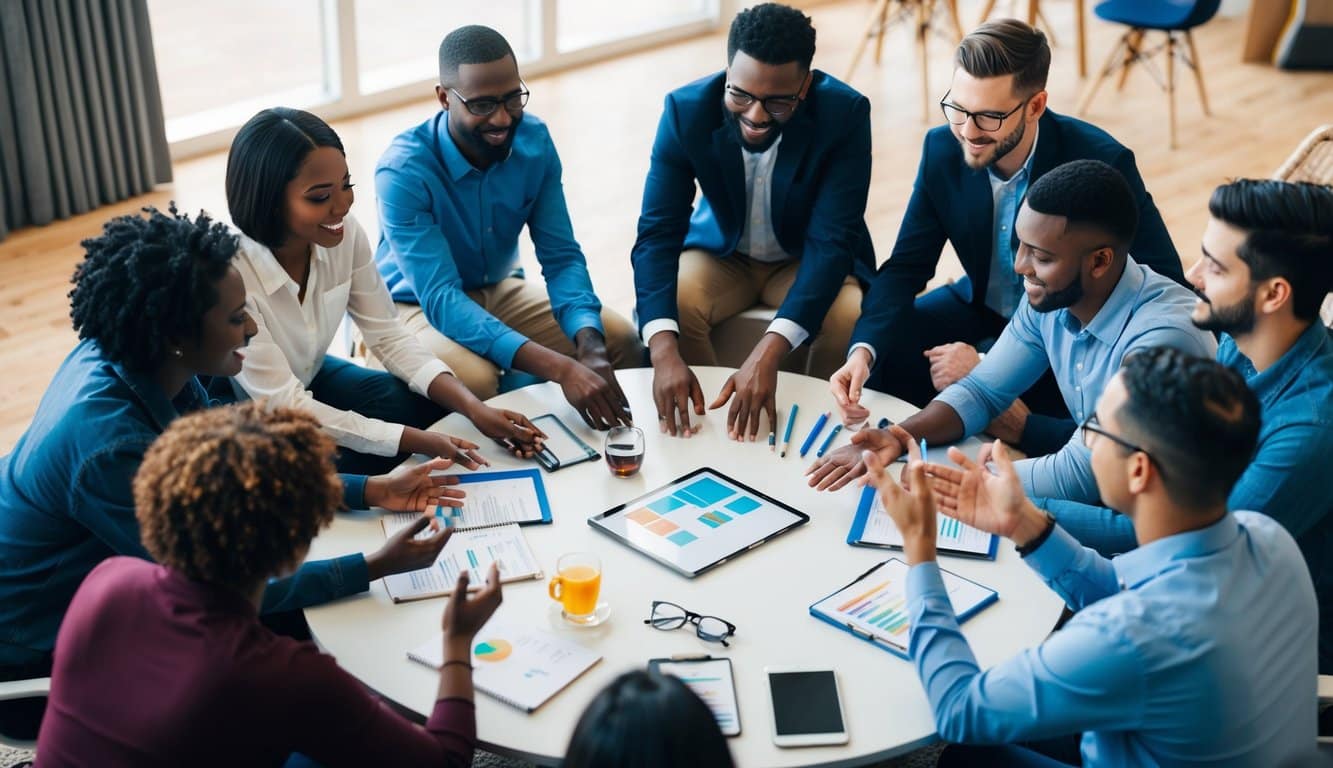 Un grupo de personas diversas se reúne en un círculo, compartiendo ideas y trabajando juntos para comunicarse y colaborar dentro de su comunidad.