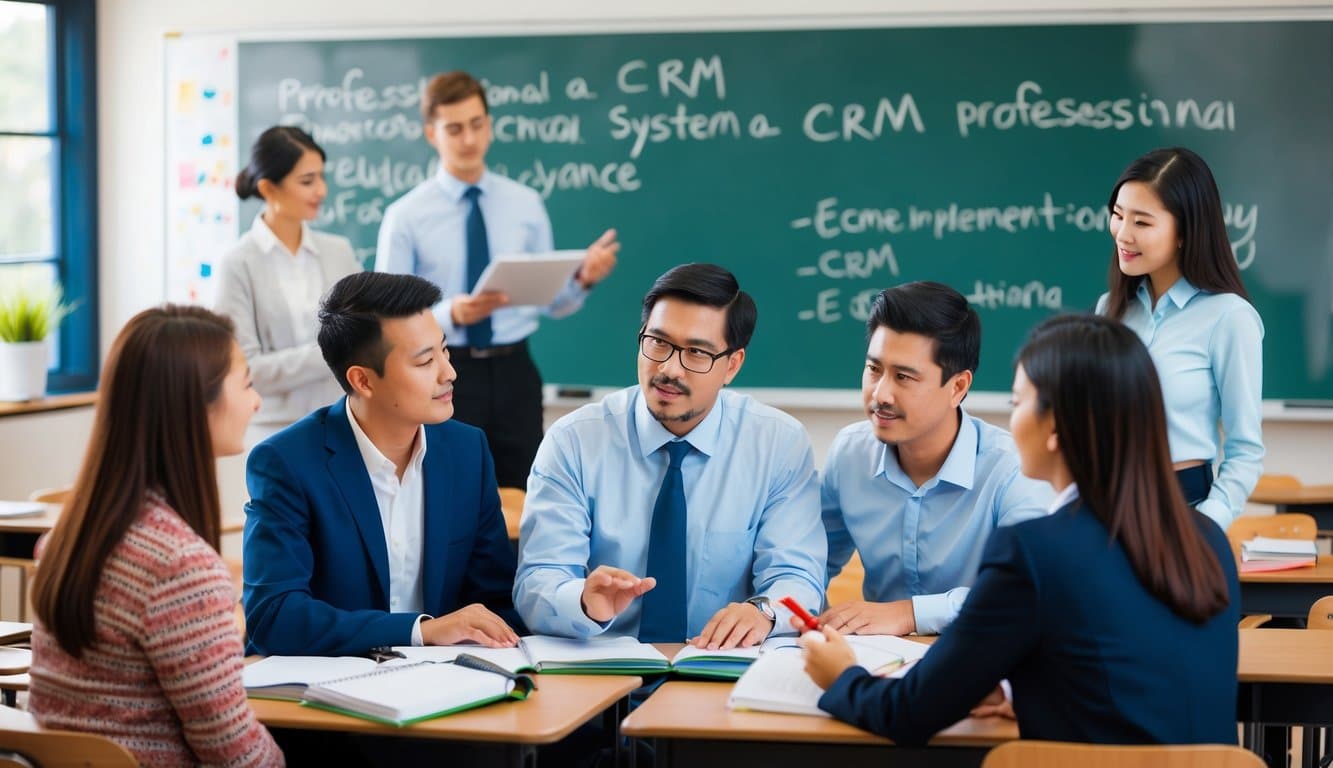 Un aula con un maestro y estudiantes discutiendo e implementando un sistema de CRM en una institución educativa