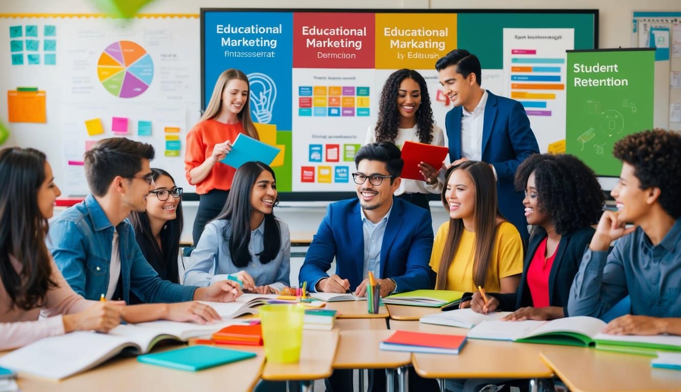 Un aula con estudiantes comprometidos, rodeados de materiales educativos coloridos y exhibiciones interactivas que muestran los beneficios del marketing educativo en la retención de estudiantes.